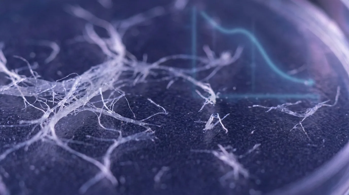 Macro conceitual de fibras de colágeno se afinando em tons índigo