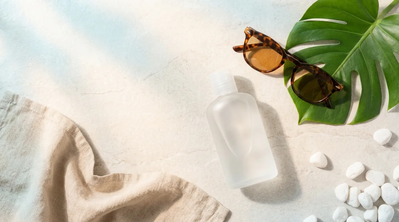 Flat-lay de protetor solar em gel liso e óculos de sol em luz azul-céu