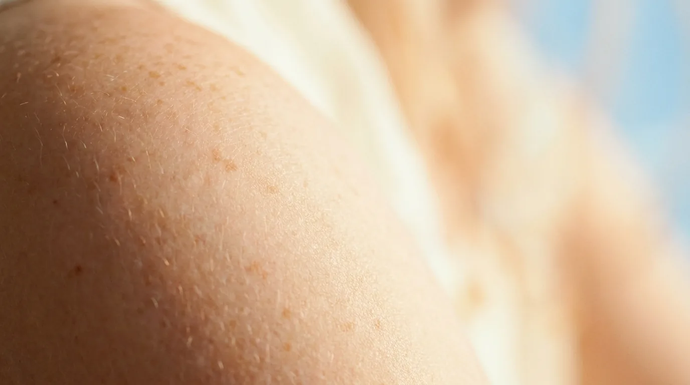 Pele clara com sardas naturais na luz da manha