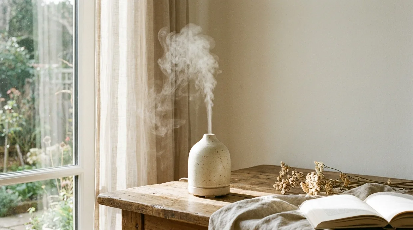 Difusor de aromas de cerâmica liberando vapor perto de janela com luz natural