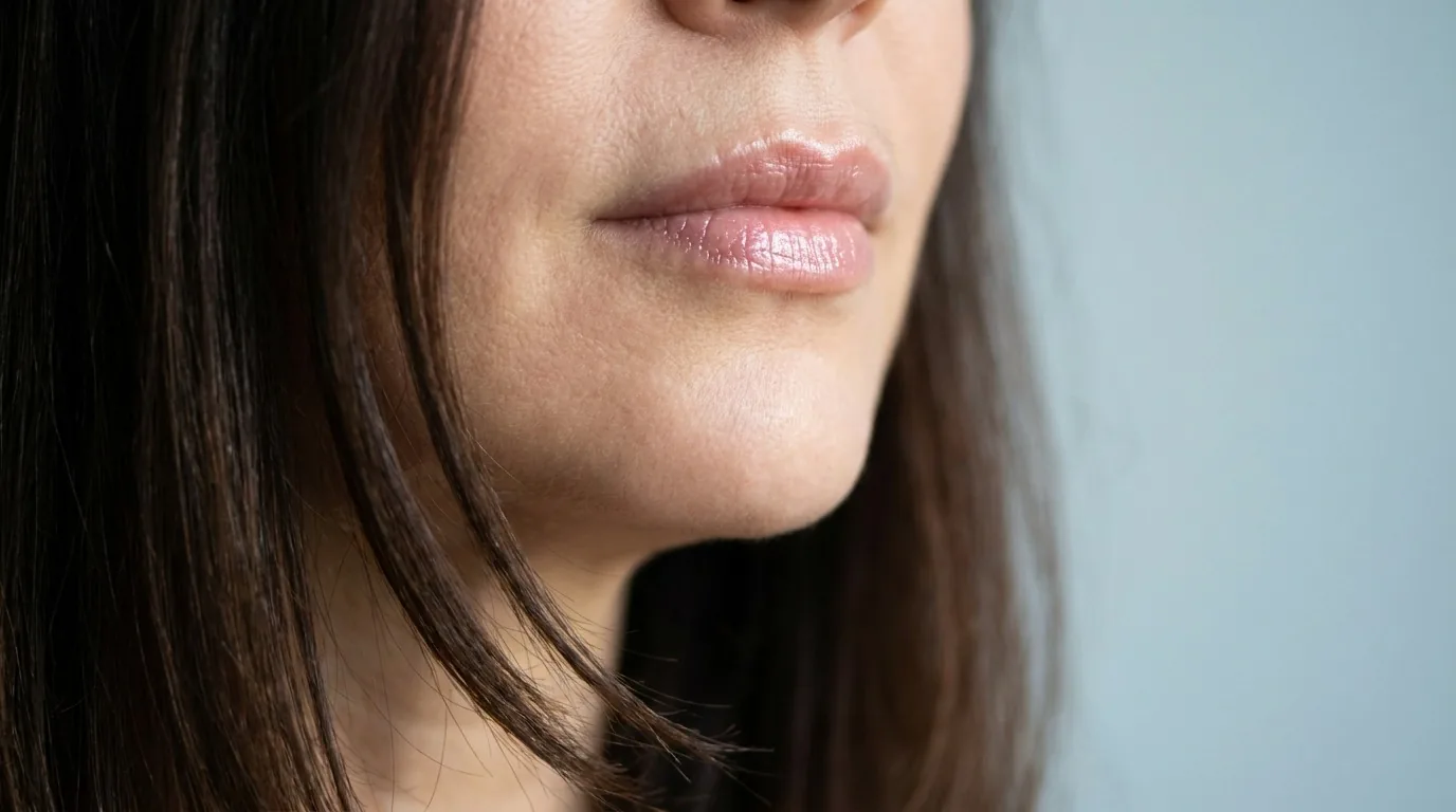 Mulher madura com contorno labial hidratado representando o skinbooster labial