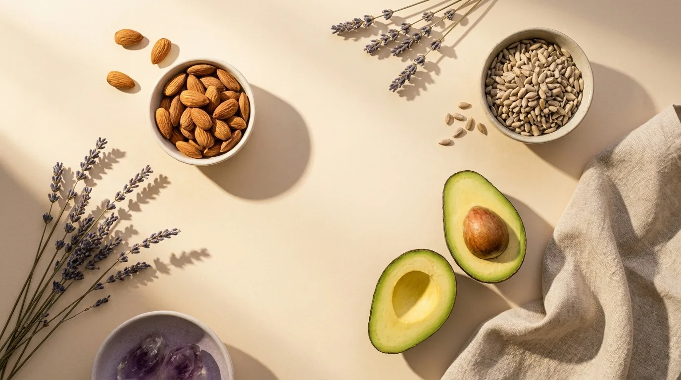 Fontes de vitamina E: amendoas, sementes e abacate