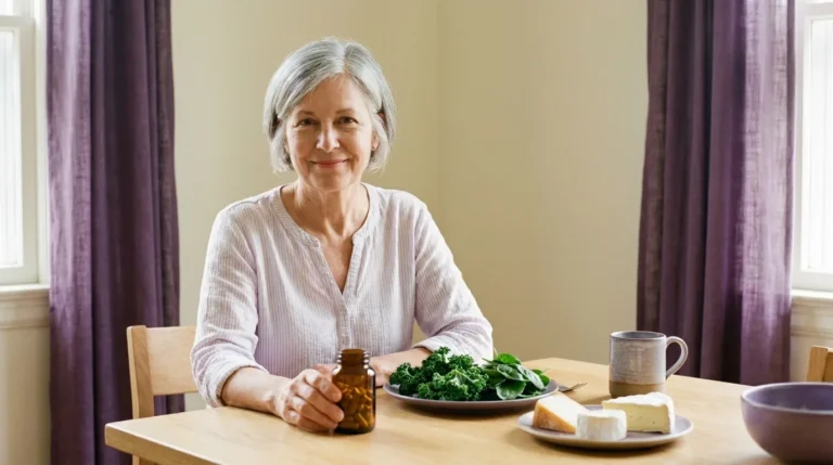 Mulher madura serena à mesa com cápsulas e alimentos, acento violeta