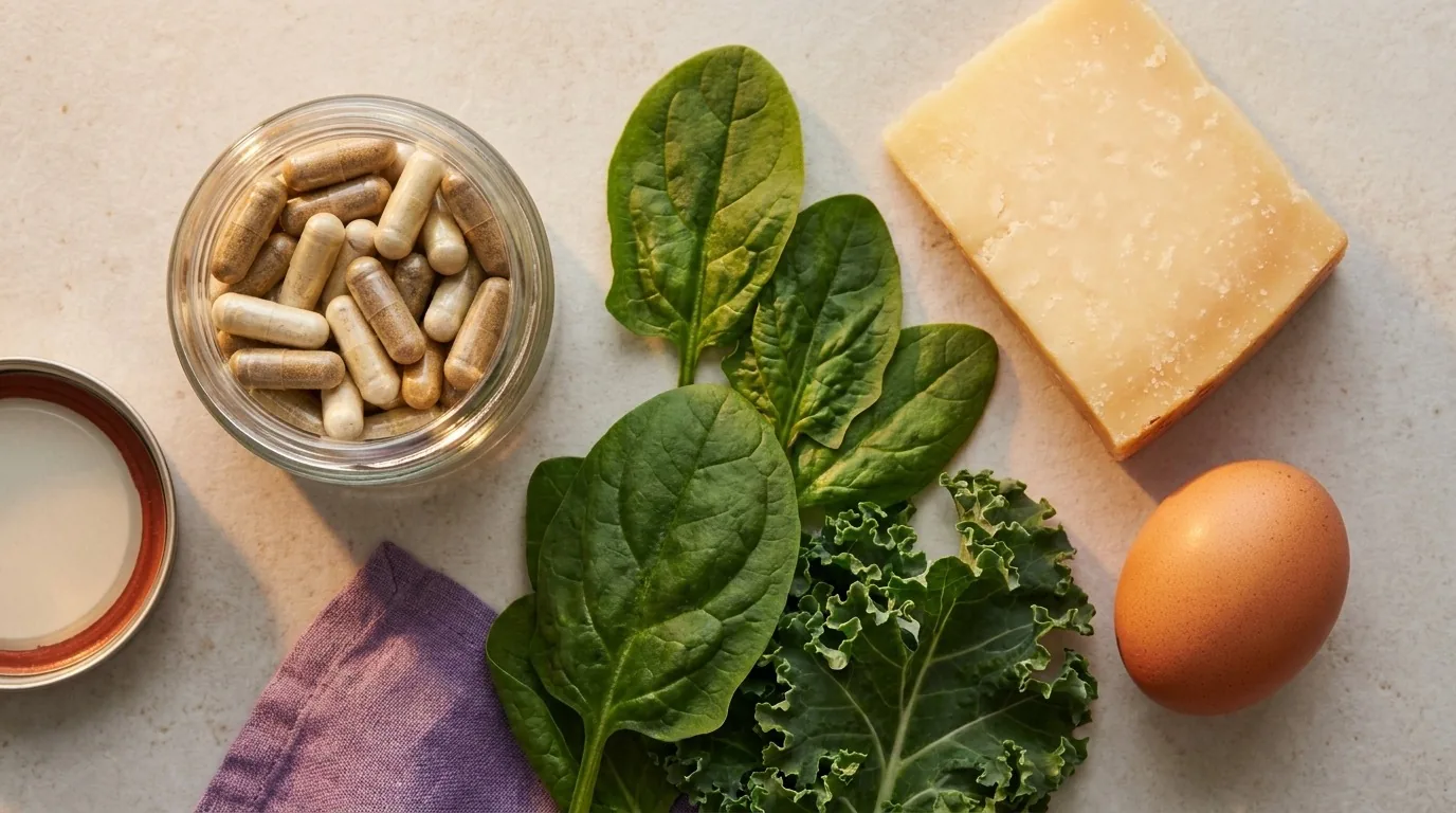 Flat-lay de cápsulas com folhas verdes, queijo e ovo