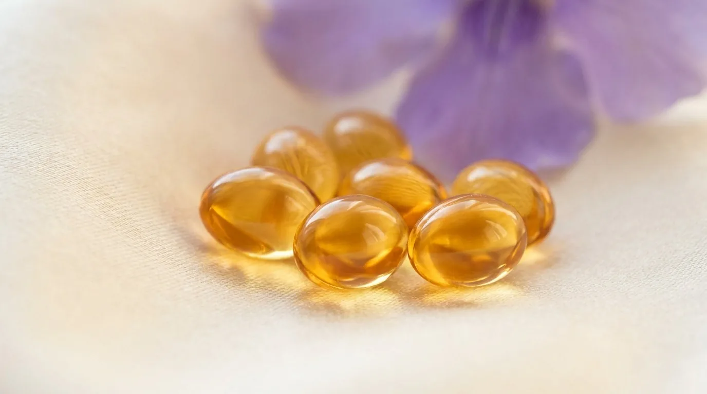 Macro de cápsulas douradas sobre superfície creme com acento violeta