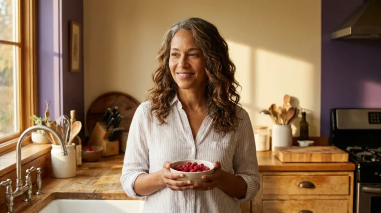 Mulher de meia-idade sorrindo ao segurar uma tigela de frutas vermelhas em cozinha iluminada