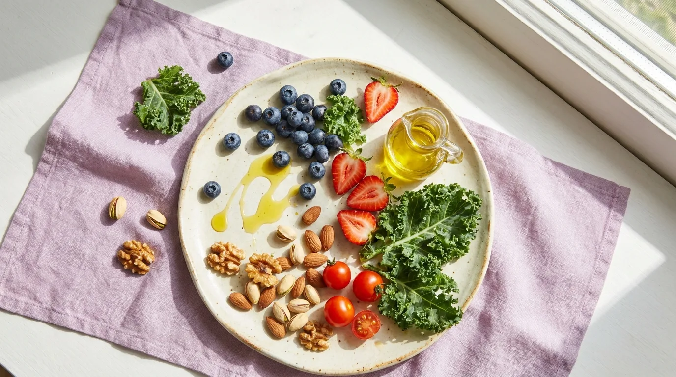 Flat-lay de frutas vermelhas, folhas verdes, tomate e castanhas sobre superfície creme com tecido lilás