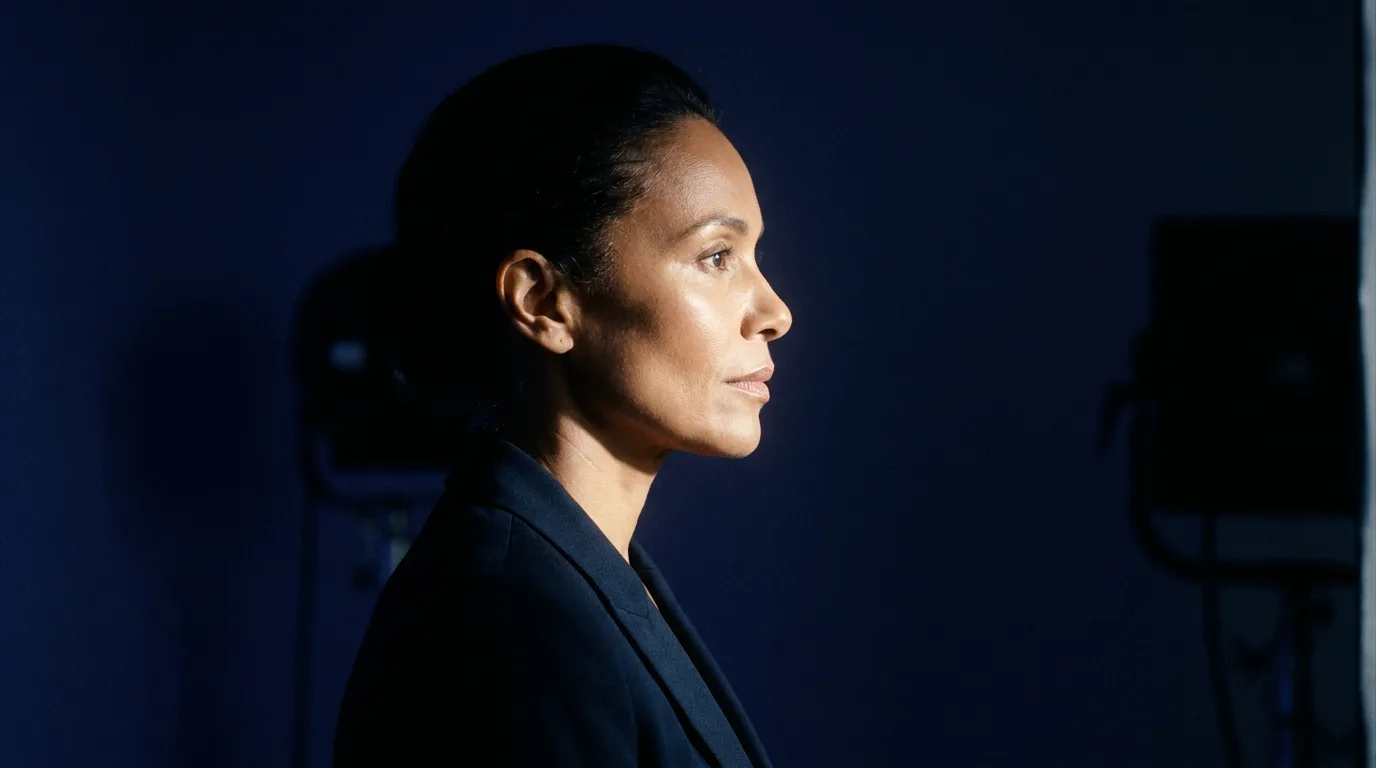 Perfil de mulher parda de meia-idade com pele firme e luminosa em fundo índigo escuro