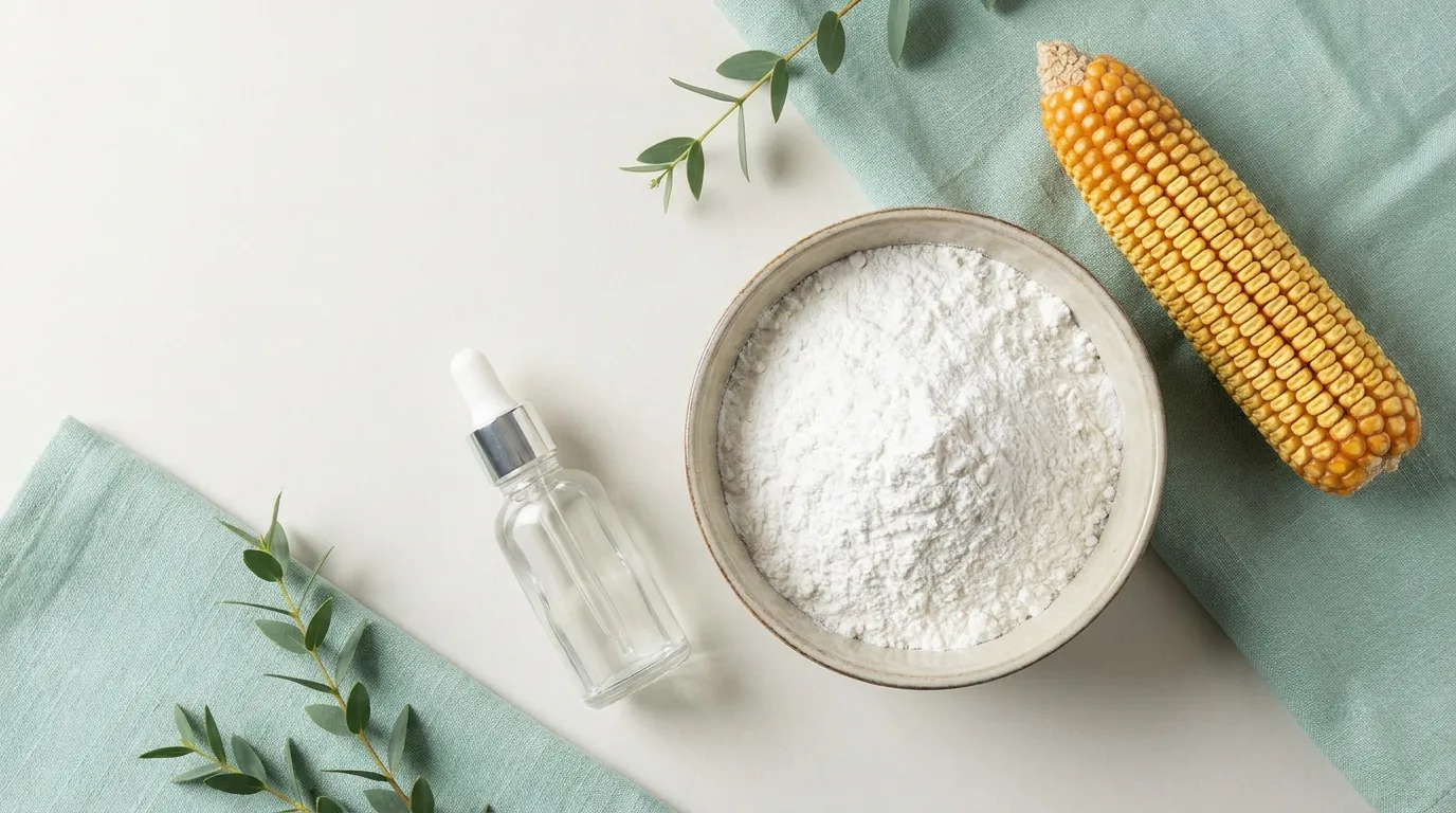 Flat-lay de tigela de amido, espiga de milho seca e frasco conta-gotas liso