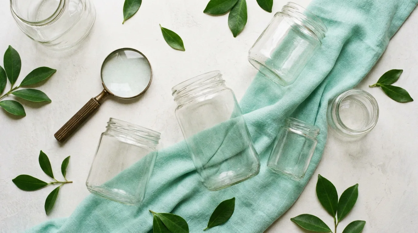 Flat-lay de frascos lisos, lupa e folhas verdes em tons verde-água