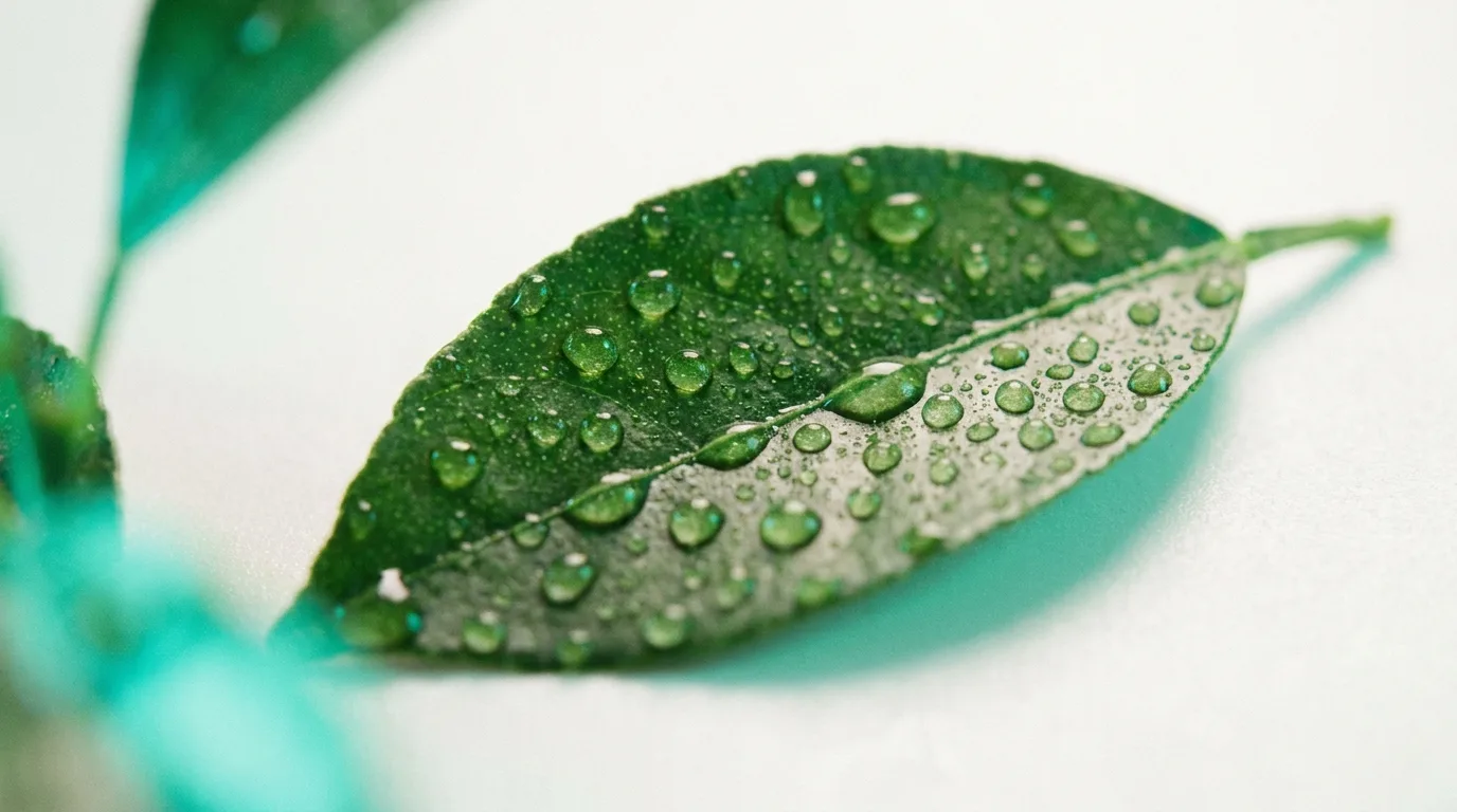 Macro de folha verde com gotas de orvalho em fundo pérola
