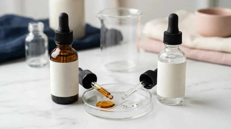 Dois frascos conta-gotas, um âmbar e um transparente, com gotas de sérum lado a lado em um prato de vidro