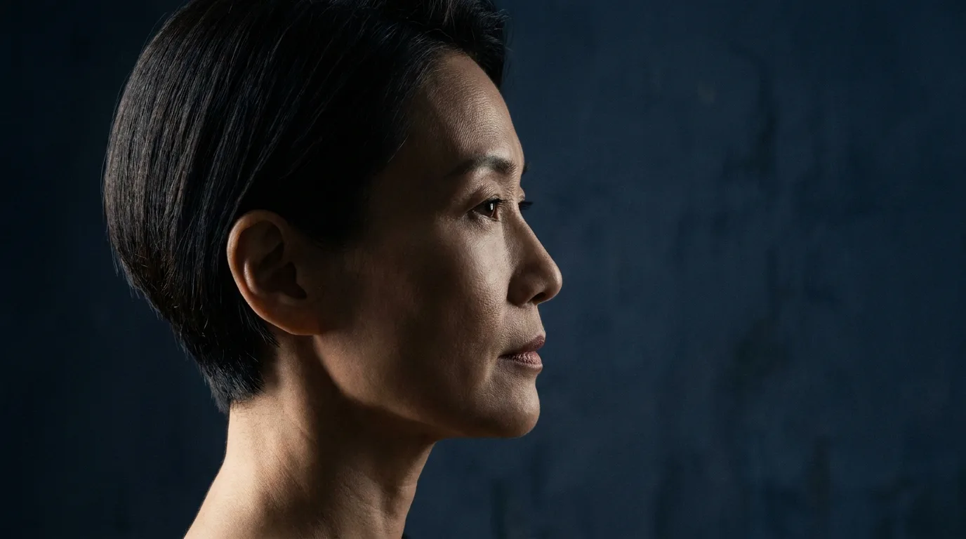 Perfil de mulher madura com linha da mandíbula definida em fundo índigo com luz lateral