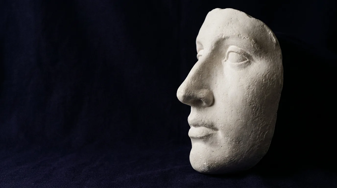 Busto de gesso branco de rosto em luz lateral sobre fundo índigo escuro