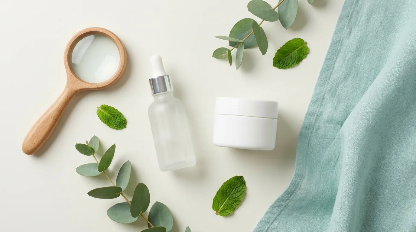 Flat-lay de frasco conta-gotas liso, pote de creme e lupa em tons verde-água
