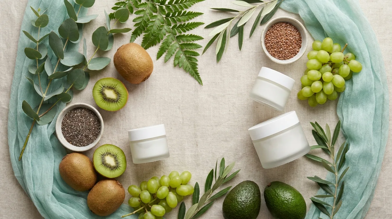 Flat-lay de folhas, frutas e sementes ao lado de potes lisos de creme