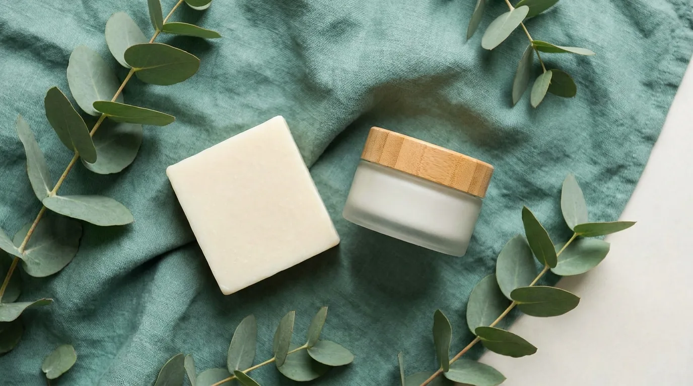 Flat-lay de sabonete sólido, pote de bálsamo liso e folhas de eucalipto
