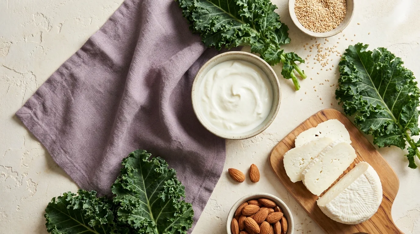 Flat-lay de iogurte, queijo, couve e amêndoas sobre superfície creme