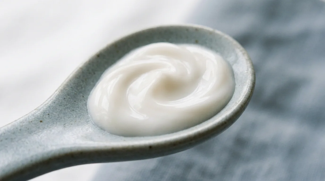 Creme hidratante espesso sobre colher de cerâmica clara