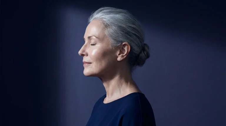 Perfil de mulher madura de cabelo grisalho com pele natural em fundo índigo escuro