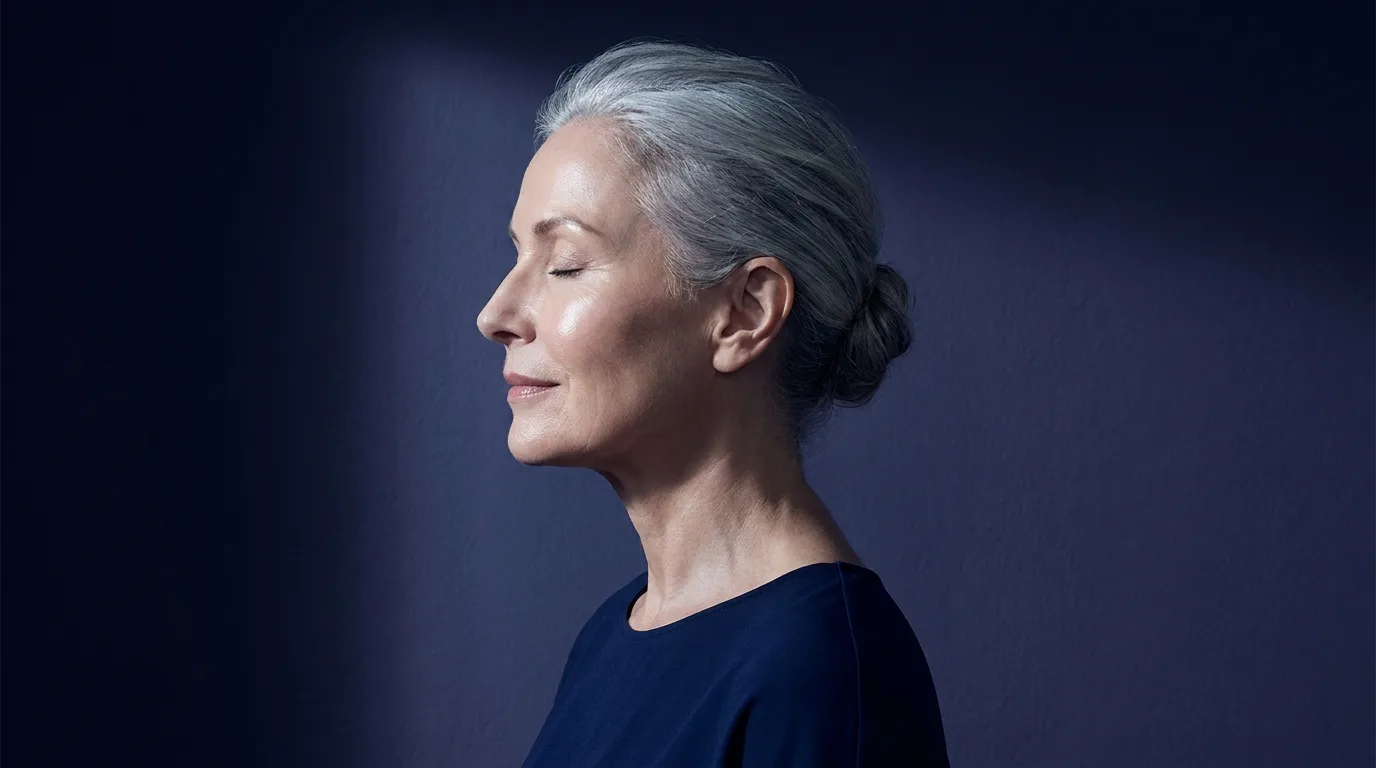 Perfil de mulher madura de cabelo grisalho com pele natural em fundo índigo escuro