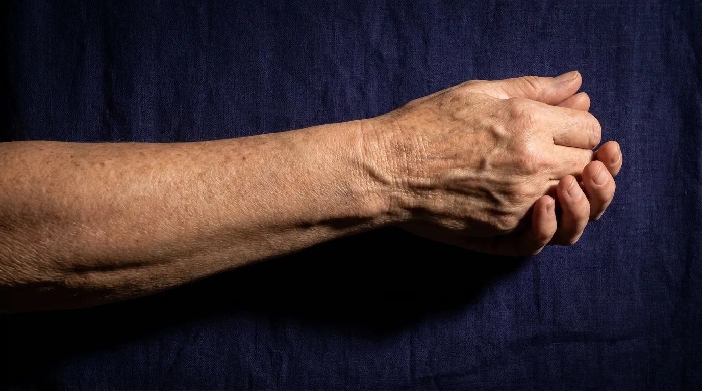 Antebraço e mão de mulher madura sob luz lateral em fundo escuro