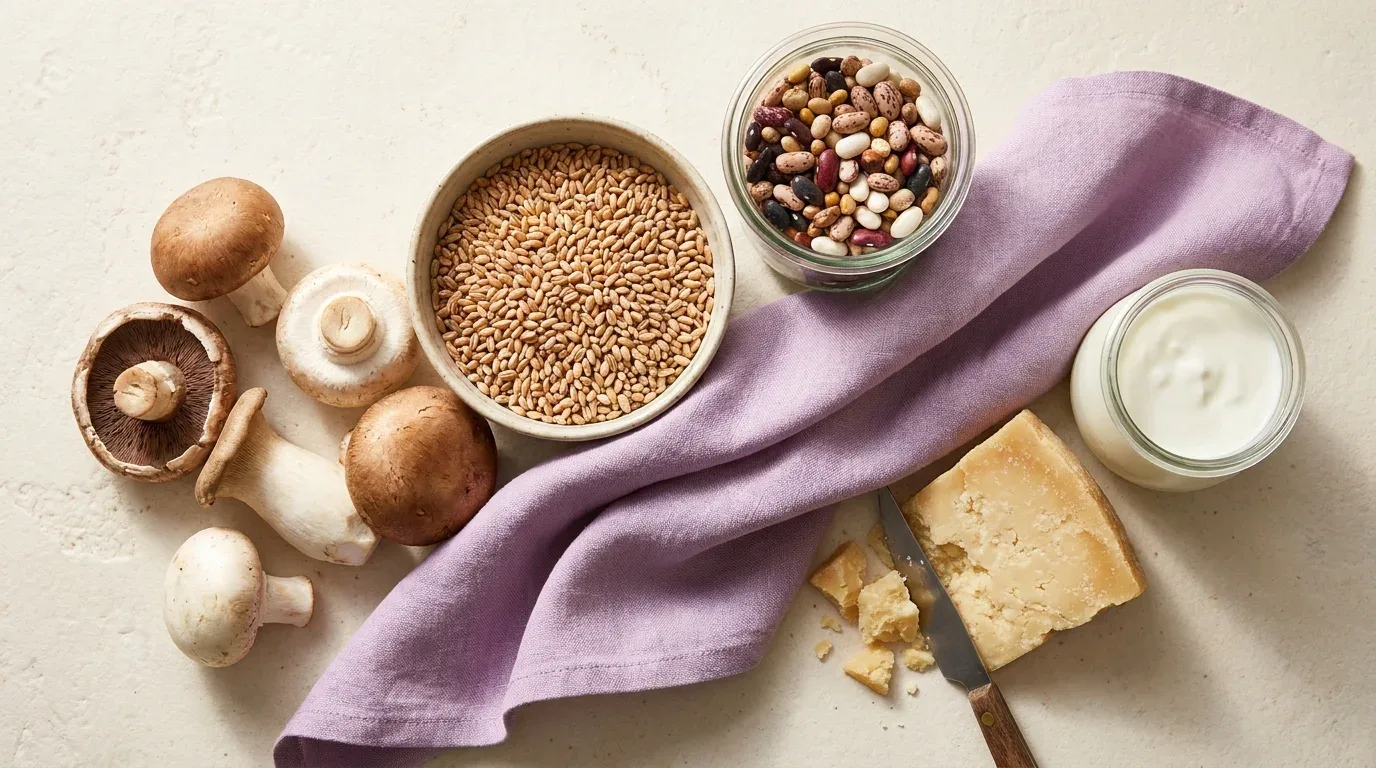 Flat-lay de cogumelos, trigo integral, feijões, queijo e iogurte sobre superfície creme