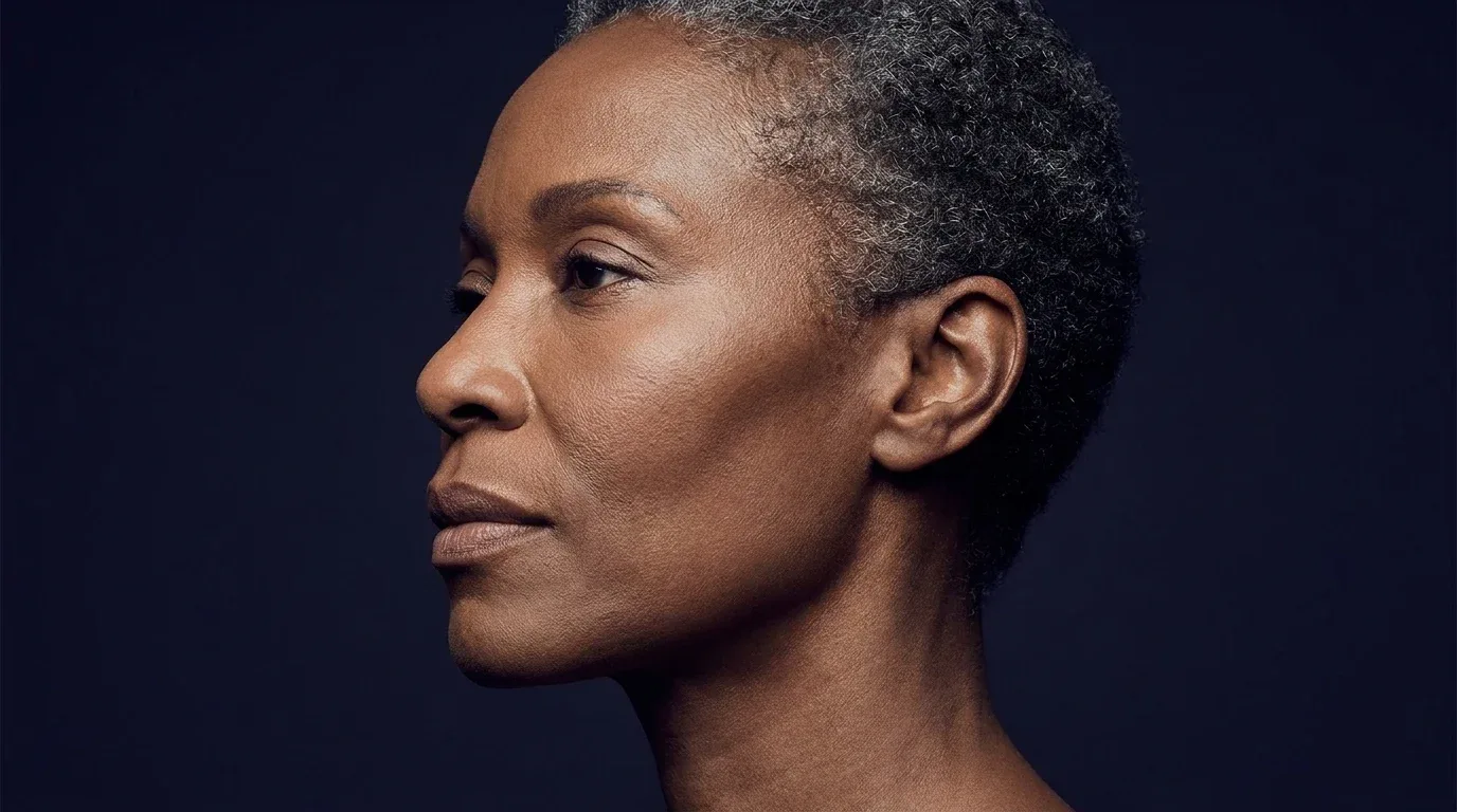 Perfil de mulher negra de meia-idade com mandíbula definida e pele uniforme em fundo índigo escuro