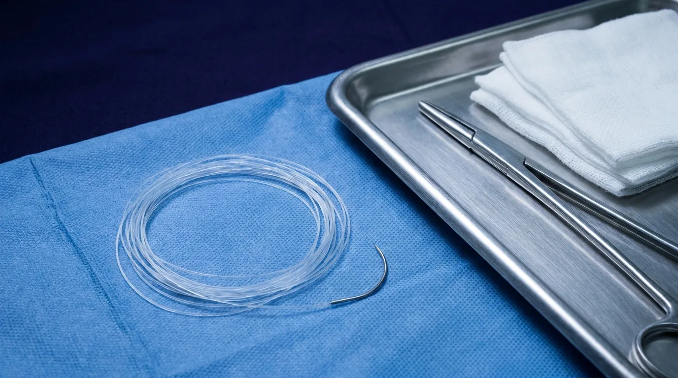 Fio cirúrgico de sutura transparente com agulha curva sobre campo cirúrgico azul, ao lado de pinça e gaze