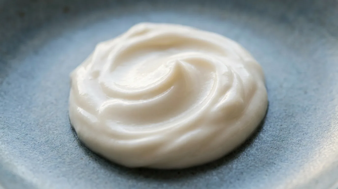 Macro de creme hidratante cremoso sobre superfície azul-acinzentada