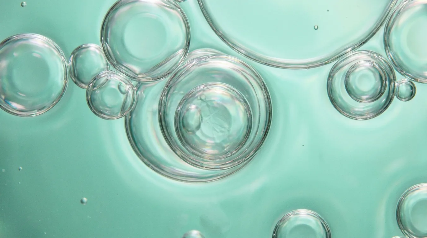 Macro conceitual de bolhas translúcidas com membrana delicada em verde-água