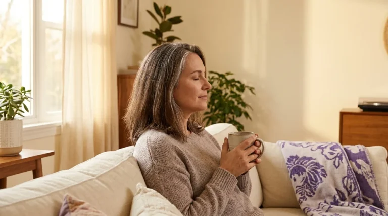 Mulher de meia-idade no sofá com xícara de chá, respirando com calma perto da janela