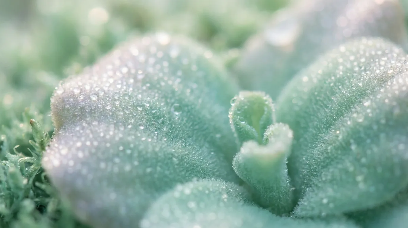 Macro de superfície aveludada de pétala com gotículas em tons verde-água