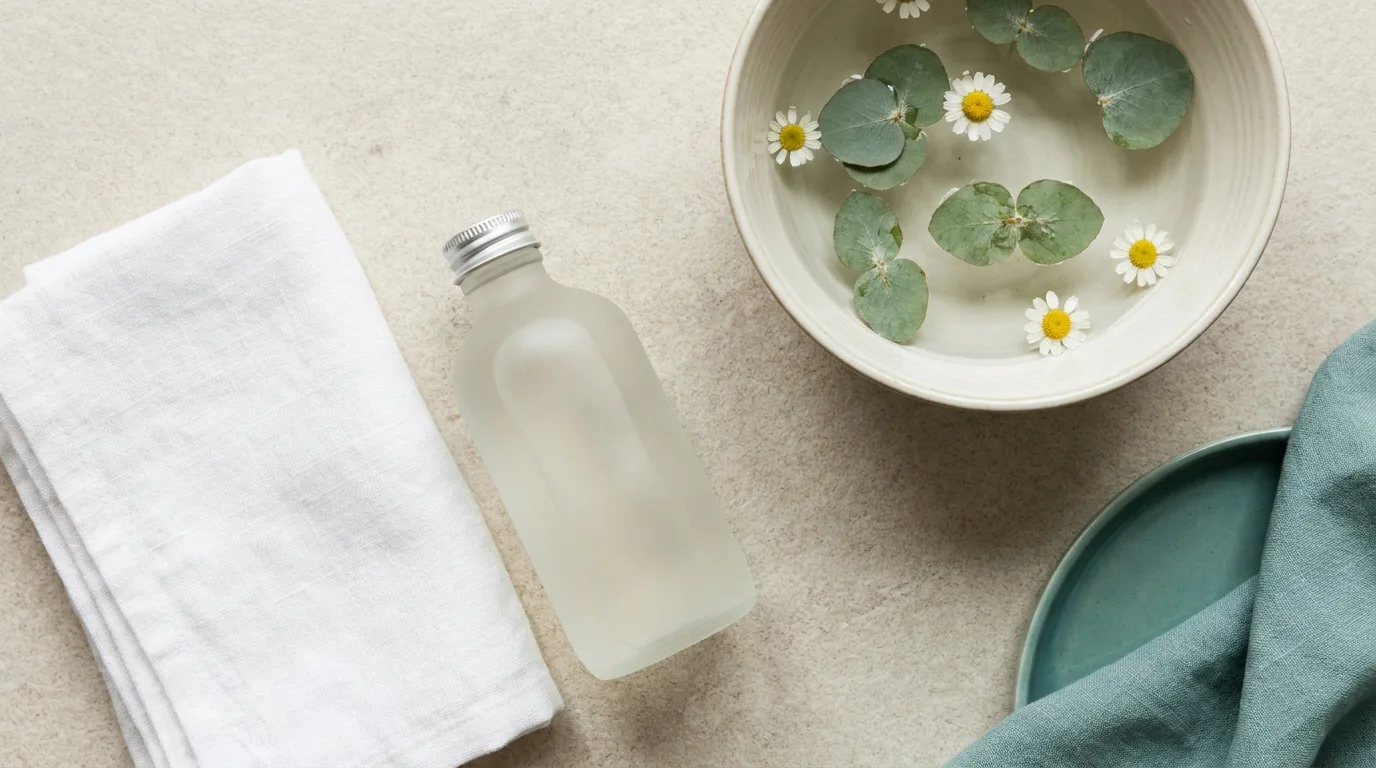Flat-lay de frasco liso de limpador facial, toalha branca e tigela de água morna