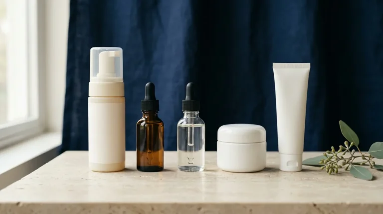 Cinco frascos de skincare sem rótulo em fila sobre bancada de pedra, na ordem de aplicação da rotina
