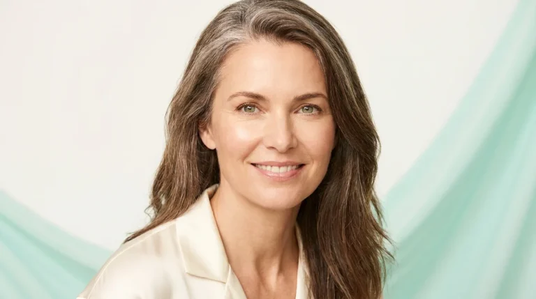 Mulher madura de olhos claros e pele viçosa em luz suave