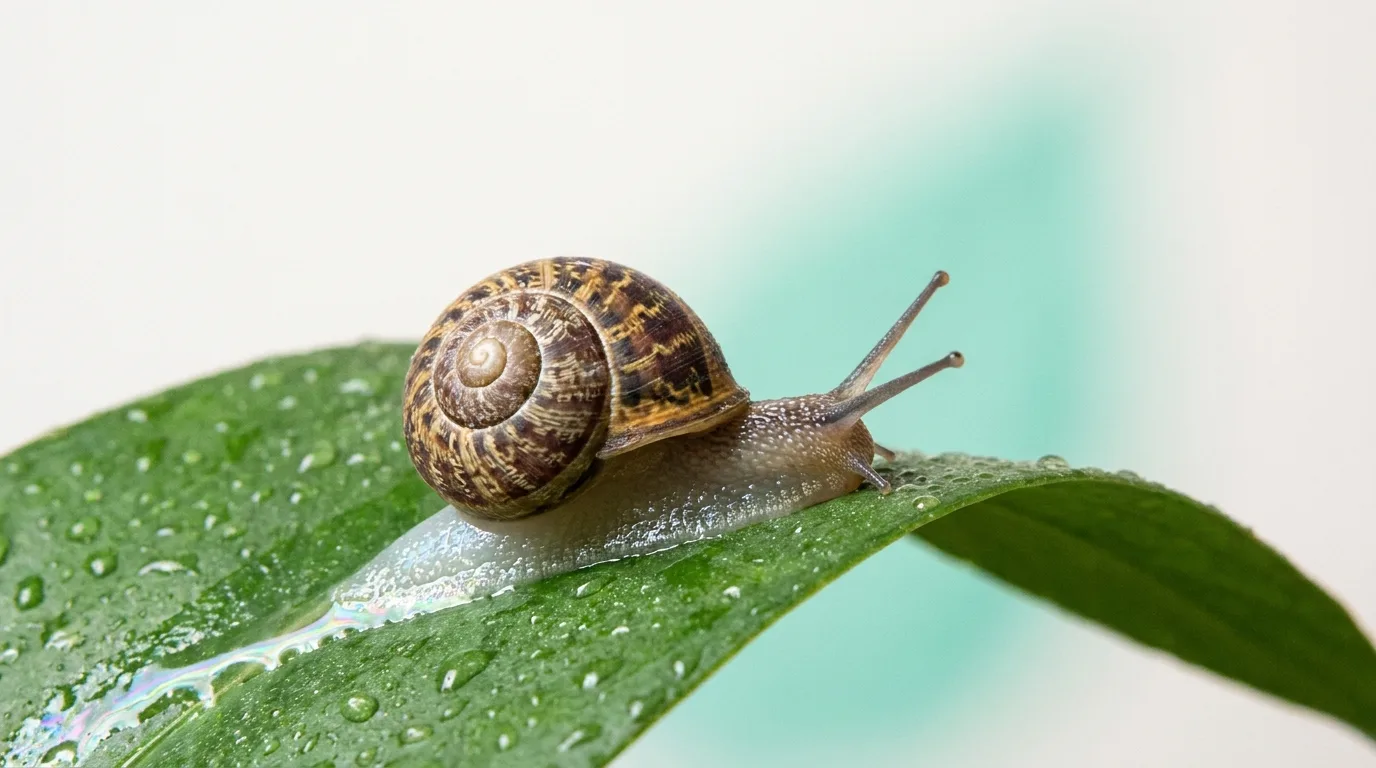 Macro delicado de caracol de jardim sobre folha verde com rastro brilhante
