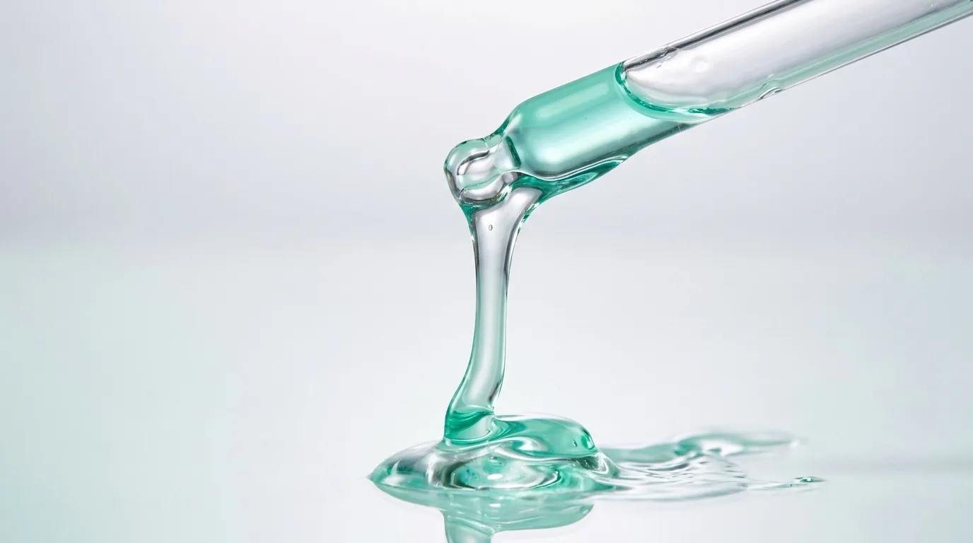 Macro de gel transparente escorrendo de um conta-gotas sobre superfície clara