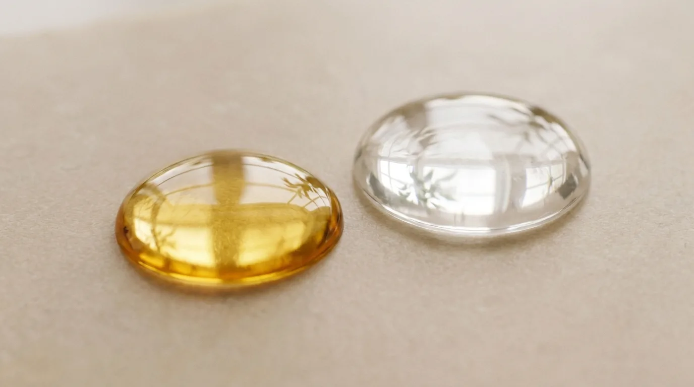 Macro de duas gotas de sérum, uma dourada e outra transparente, sobre superfície lisa