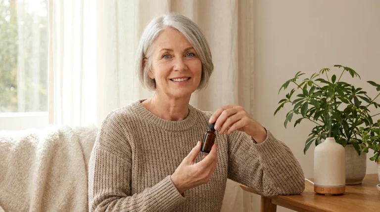 Mulher de cabelo grisalho curto segurando um frasco conta-gotas em ambiente claro com plantas