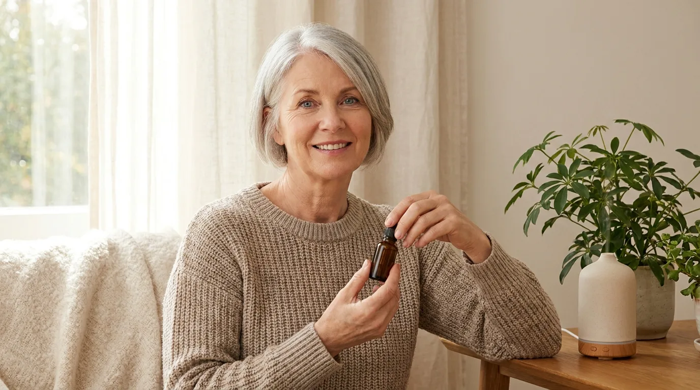 Mulher de cabelo grisalho curto segurando um frasco conta-gotas em ambiente claro com plantas