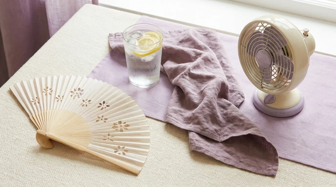 Flat-lay de leque, copo de água com gelo, toalha de linho e ventilador de mesa