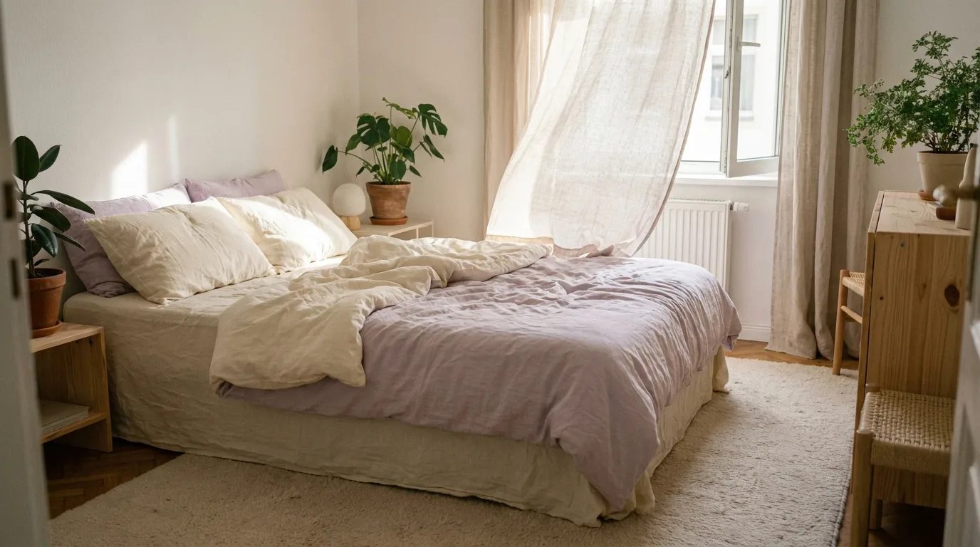 Quarto fresco com lençóis claros e cortina leve movendo-se na janela aberta