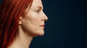 Perfil de mulher ruiva de meia-idade em fundo índigo escuro com luz lateral de estúdio
