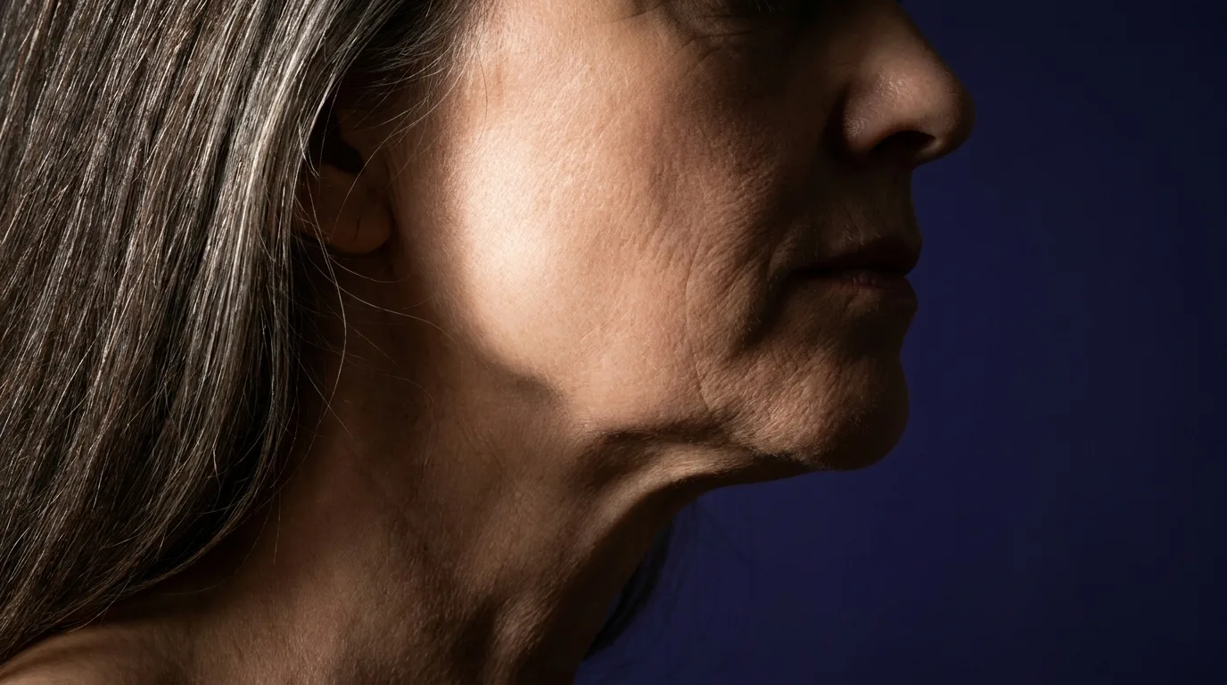 Perfil do queixo e do pescoço de mulher madura sob luz lateral em fundo escuro