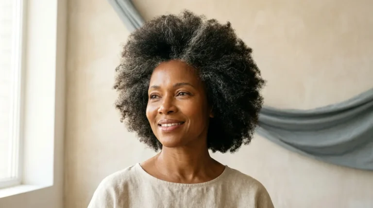 Mulher negra de meia-idade com cabelo crespo e pele luminosa em luz dourada da manhã