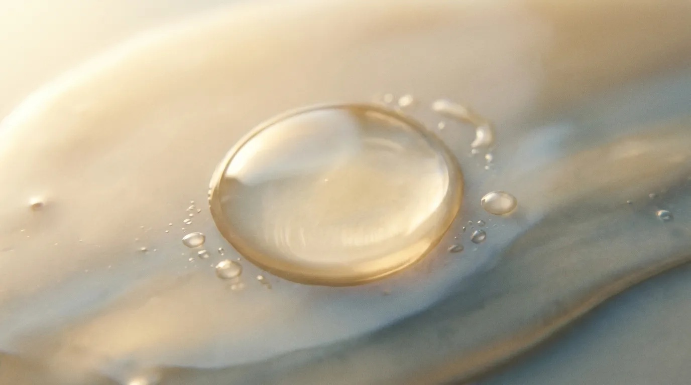 Macro de gota translúcida sobre superfície lisa em tons de bege e azul-acinzentado