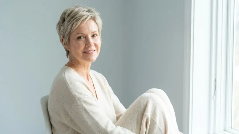 Mulher de cabelo loiro acinzentado com pele luminosa em quarto claro