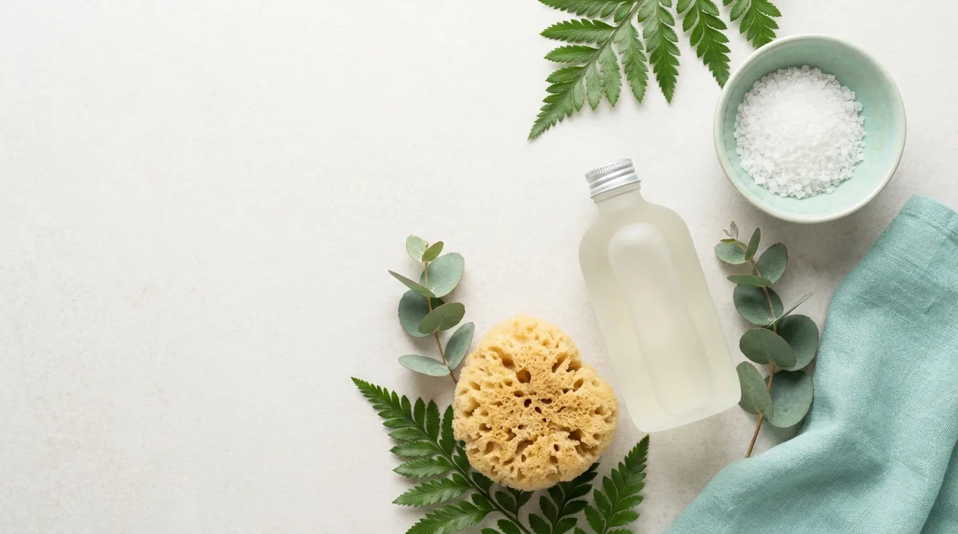 Flat-lay de frasco de sabonete facial liso, esponja natural e folhas verdes