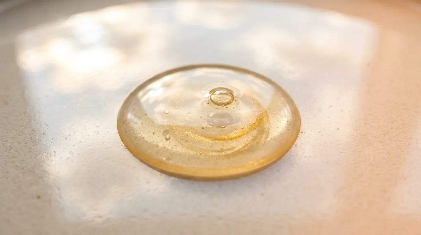 Macro de gota de sérum dourado translúcido sobre superfície clara